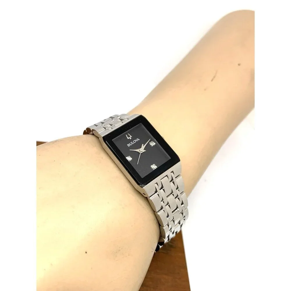 Bulova Women's Watch 96P202 Quartz Black Dial Diamond Quadra Silver Steel CHIP